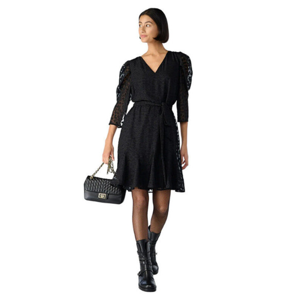 KARL LAGERFELD Women's Burnout Logo Print Dress 6 Black V-Neck Tie Waist NWT - Picture 2 of 14